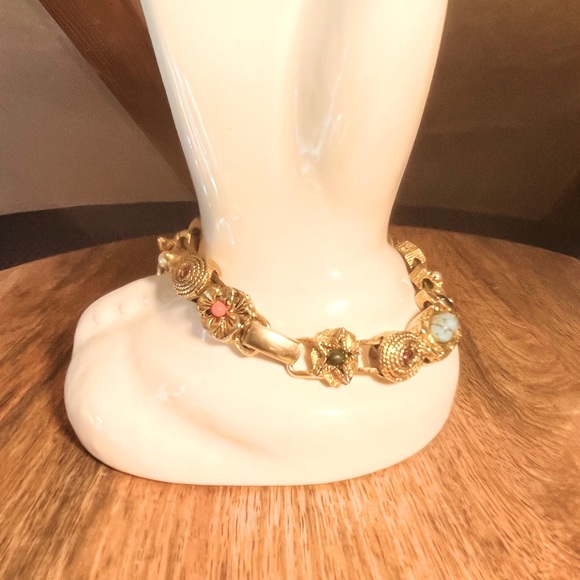 SOLD! Victorian Revival Gold Tone Slide Charm Bracelet with Uranium Glass - Picture 5 of 8